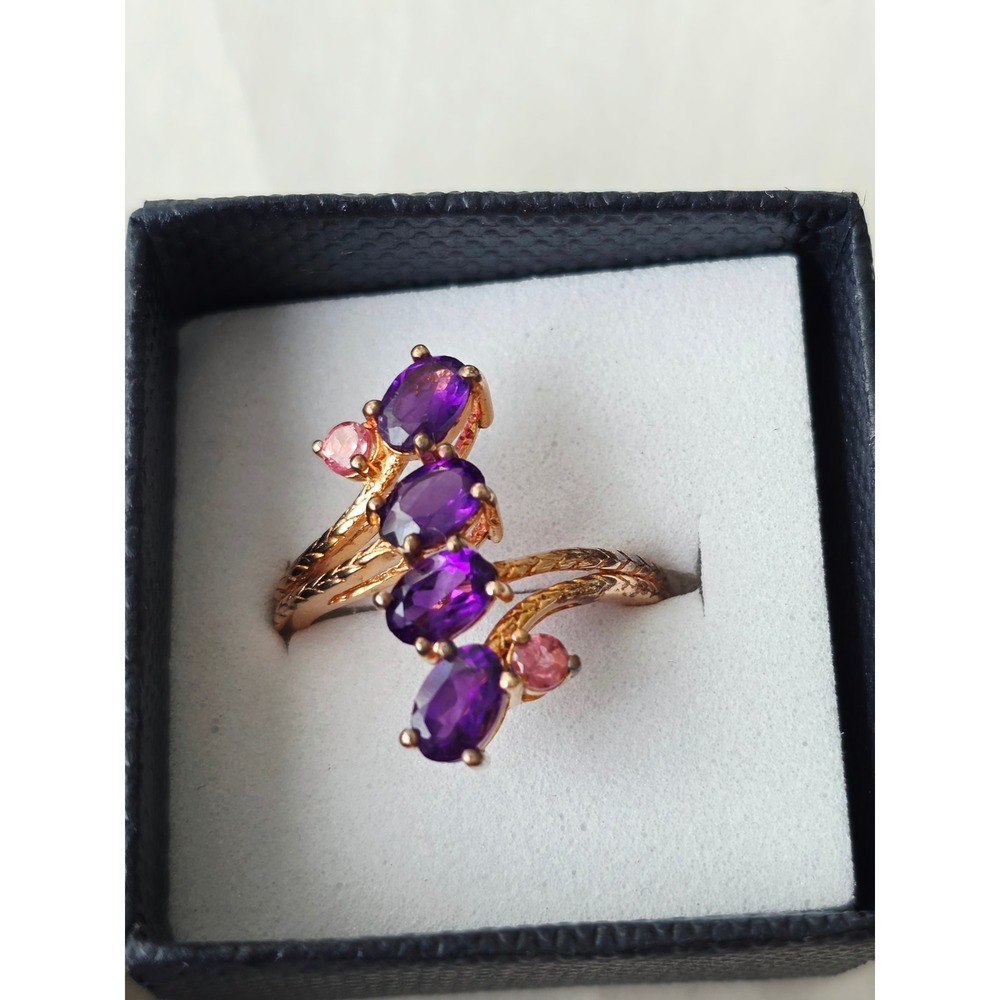 Rose Gold Over Silver 925 Amethyst Pink Sapphire Bypass Ring Vermeil Size 8.25